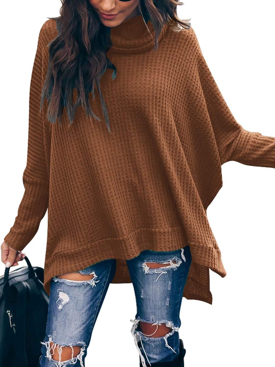 ANRABESS Women Turtleneck Batwing Sleeve High Low Hem Side Slit Waffle Knit Casual Loose Oversized Sweater Tunic at  Women’s Clothing store
