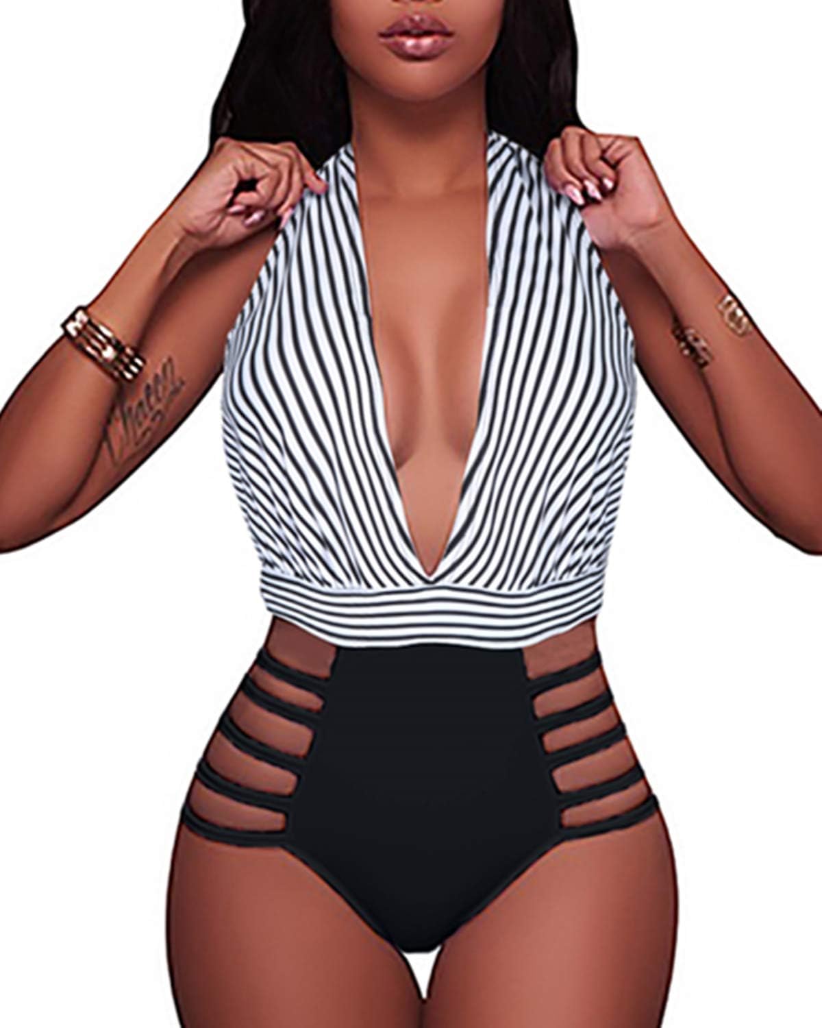 Women Sexy One Piece Swimsuits Halter Plunge V Neck Cutout Bathing Suits