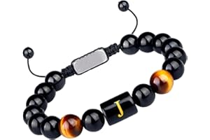 Purdvro Letter Initial Letter A-Z Bracelet for Men Teens Handmade Natural Black Onyx Tiger Eye Stone Bead Bracelet Meaningful Gift Birthday Anniversary