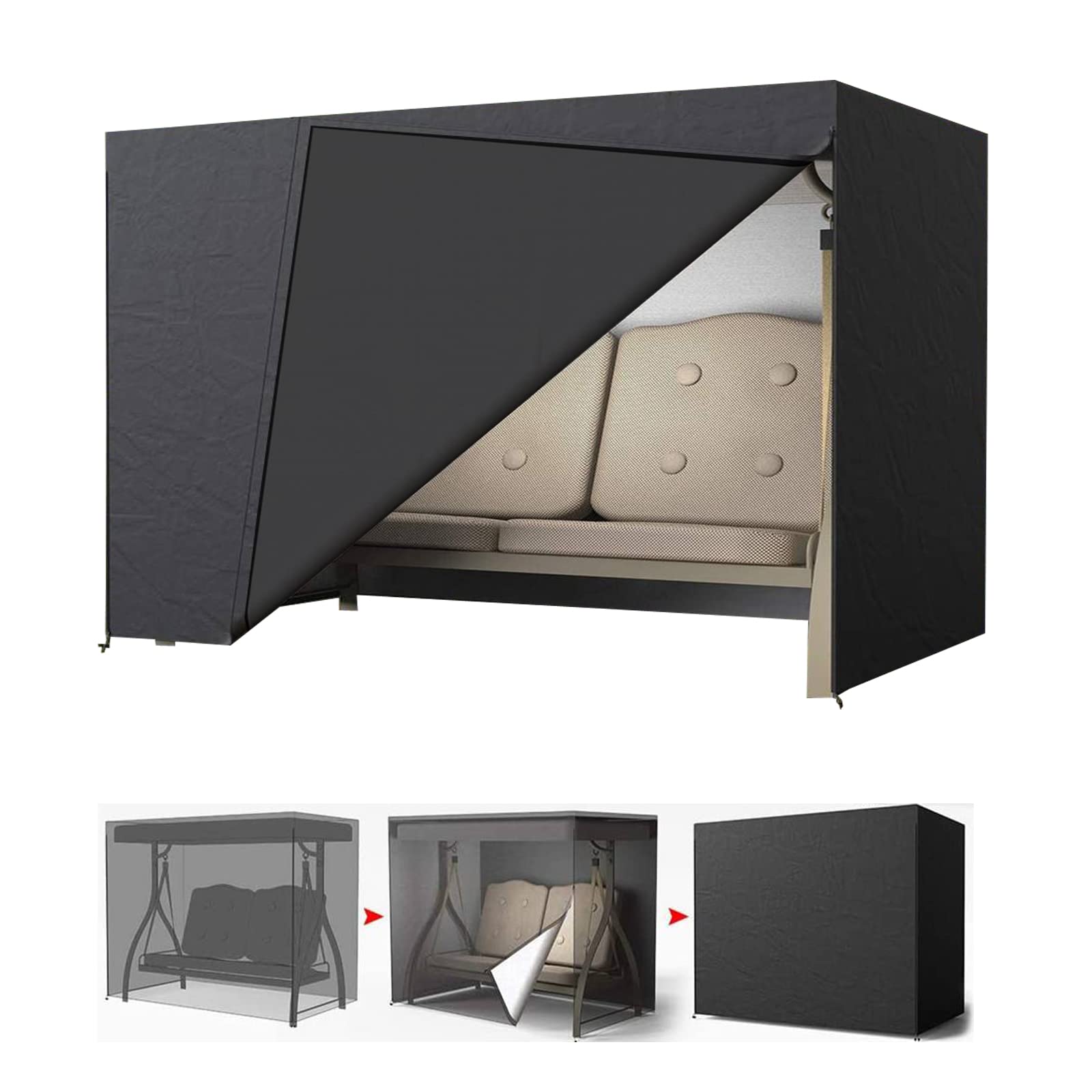 LCGOD Garden Swing Cover 2-Seater Waterproof Hammock Cover with Zips, Black 600D Oxford Fabric Outdoor Swing Seat Dustproof Snowproof Windproof Anti-UV 150 x 100 x 165/140 cm