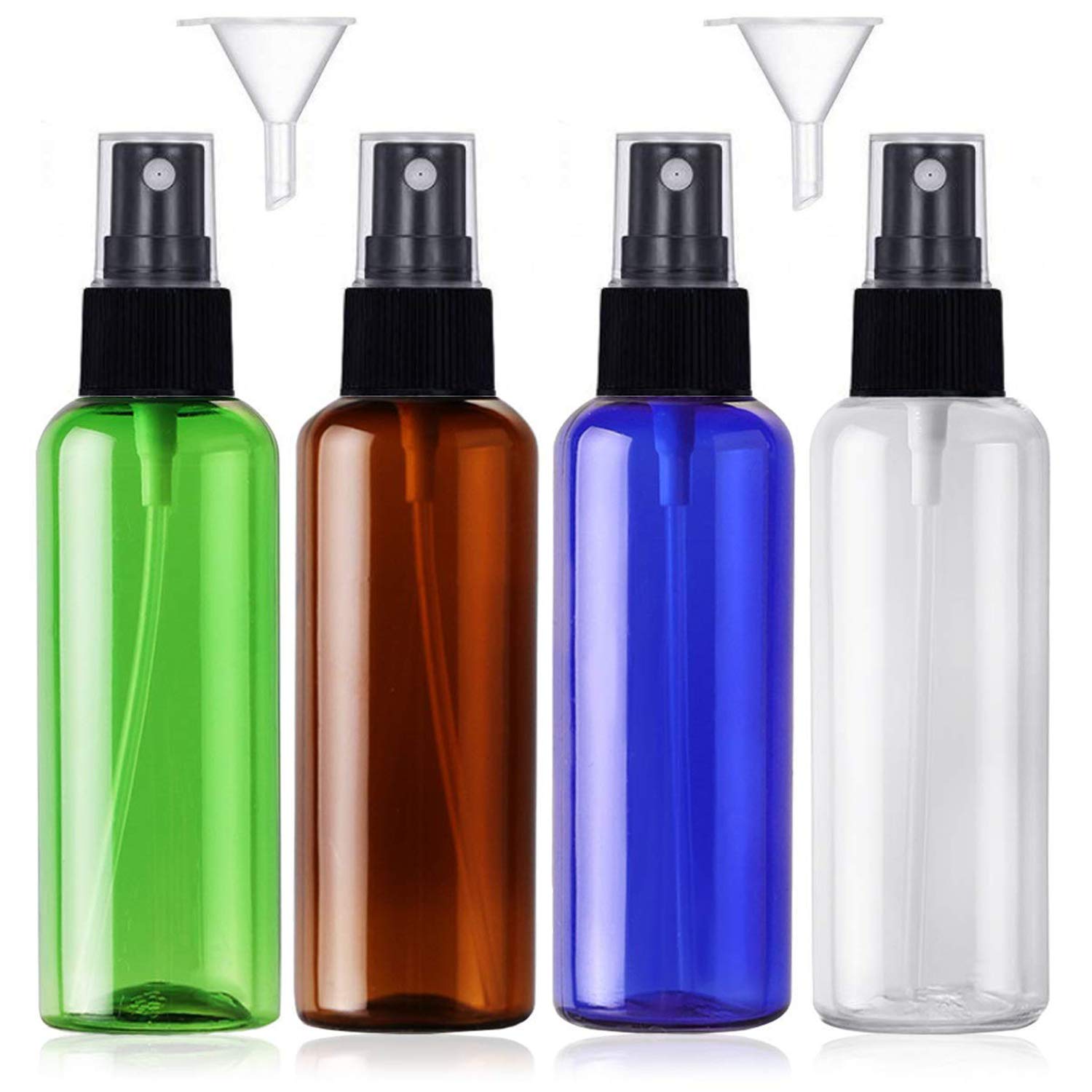 JamHooDirect 4PCS,100ml Empty Plastic Spray Bottle Fine Mist Travel Atomiser Set with 2 Funnels, Refillable Travel Size Bottle Toiletries Liquid Containers for Cosmetic Make-up (4 Colours)