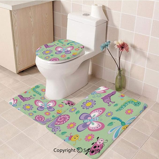 Bath Rug 3 Piece Bathroom Rugs Set Cute Seamless Patterns with Cartoon Happy Insects UShape