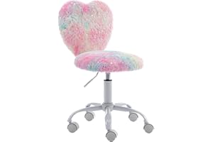 chairus Kids Desk Chair Faux Fur Study Chair for Teenage Girls, Adjustable Heart Shaped Kids Vanity Chair for Bedroom Reading Living Room, Small Cute Student Task Chair with White Foot, Colorful