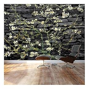 "Almond Blossom by Vincent Van Gogh - Floral Painting on a Rich Black Brick Textured Background - Wall Mural, Removable Sticker, Home Decor - 100x144 inches