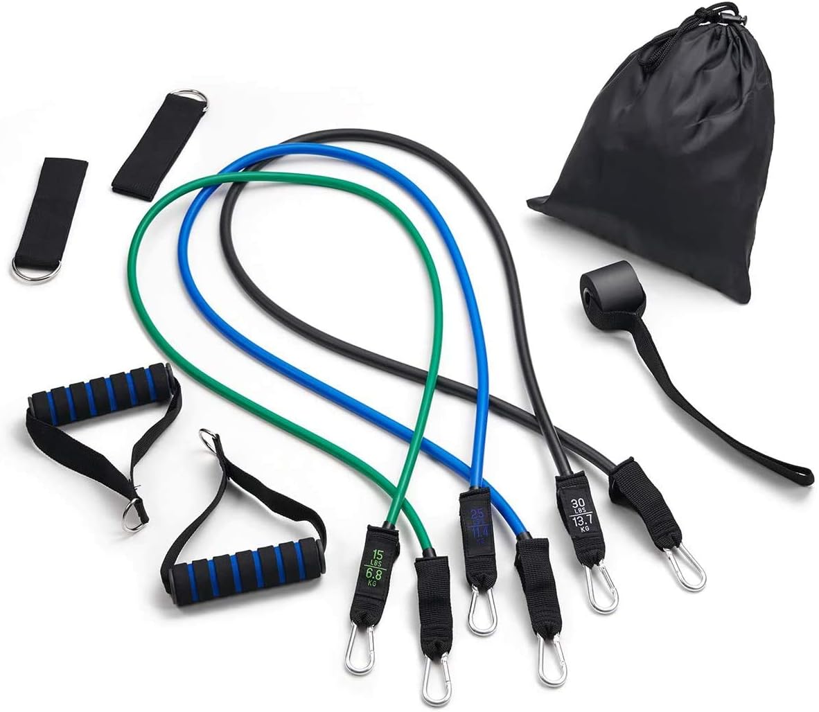 Crenze Exercise Resistance Bands Set,Fitness Stretch Workout Bands 11pcs with Fitness Tubes, Foam Handles, Ankle Straps, Door Anchor for Home Gym Fitness,for Men Women