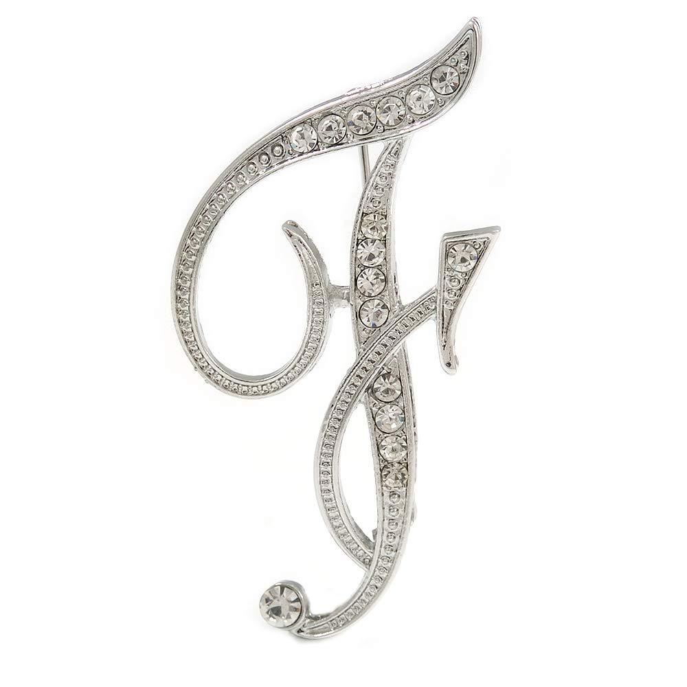 'F' Rhodium Plated Clear Crystal Letter F Alphabet Initial Brooch Personalised Jewellery Gift - 50mm Tall