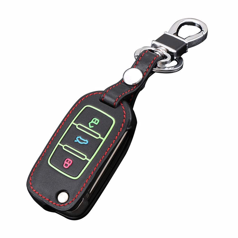 Happyit Genuine Leather Car Key Cover Case for Volkswagen Landbeat Passat Tiguan Jetta POLO Bora New Sutton with Fluorescent Button Line