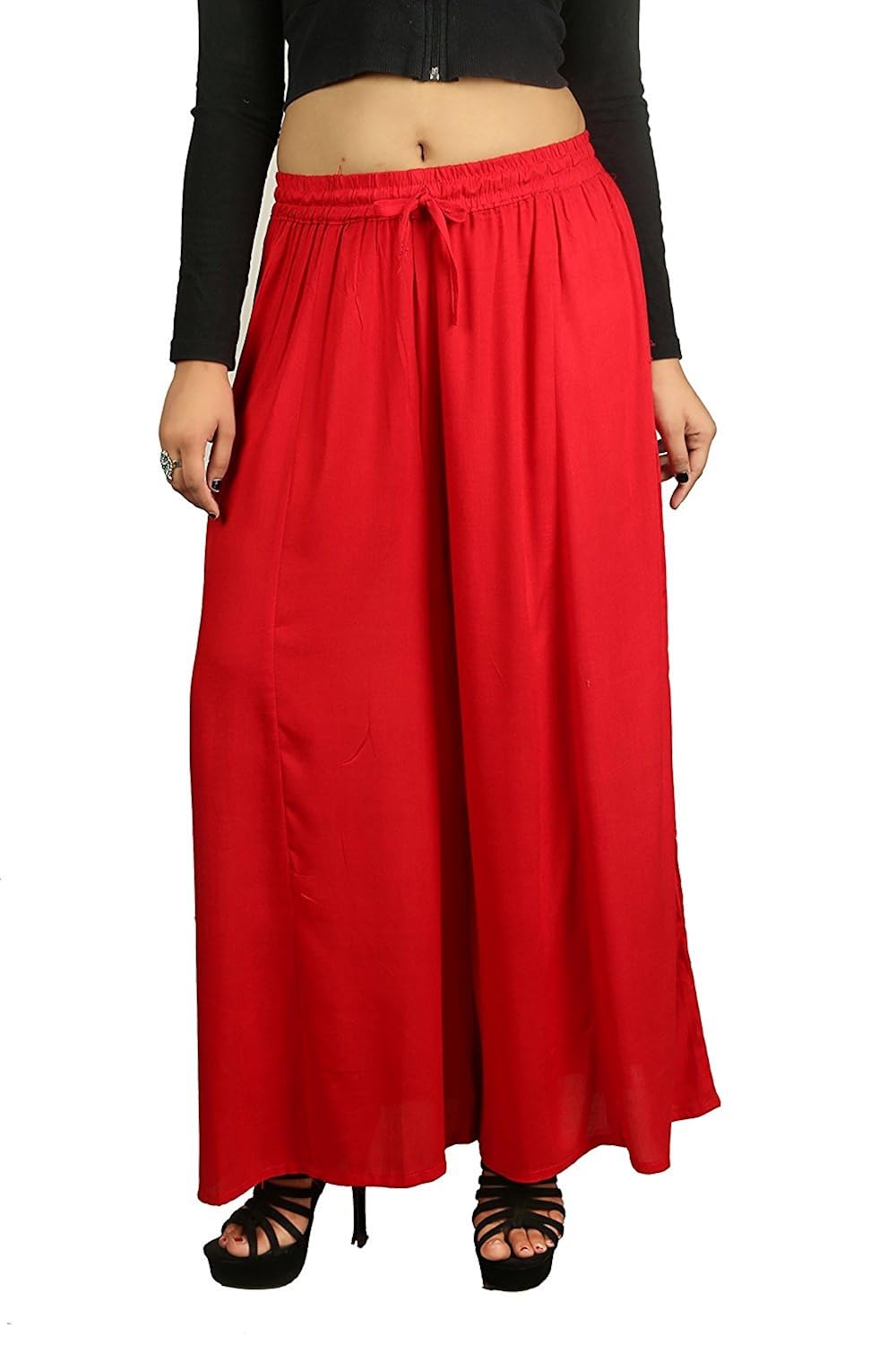 stylewhile red rayon full length free size palazzo pant for women