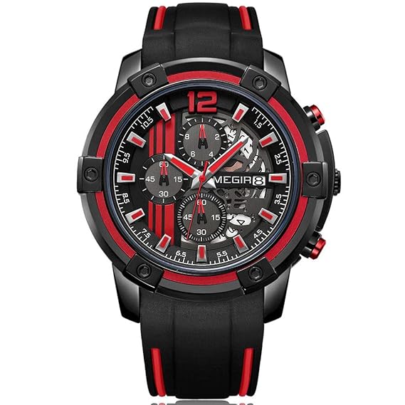 Megir Herren Uhren Luxus Sport Armbanduhr mit Schwarz und Rot Silikonarmband Groß Chronograph Kalender Wasserdicht XL