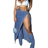 Kwunbwa Women's High Split Long Denim Skirt Sexy Tie Knot High Waisted Stretchy Trendy Irregular Jean Skirts Streetwear