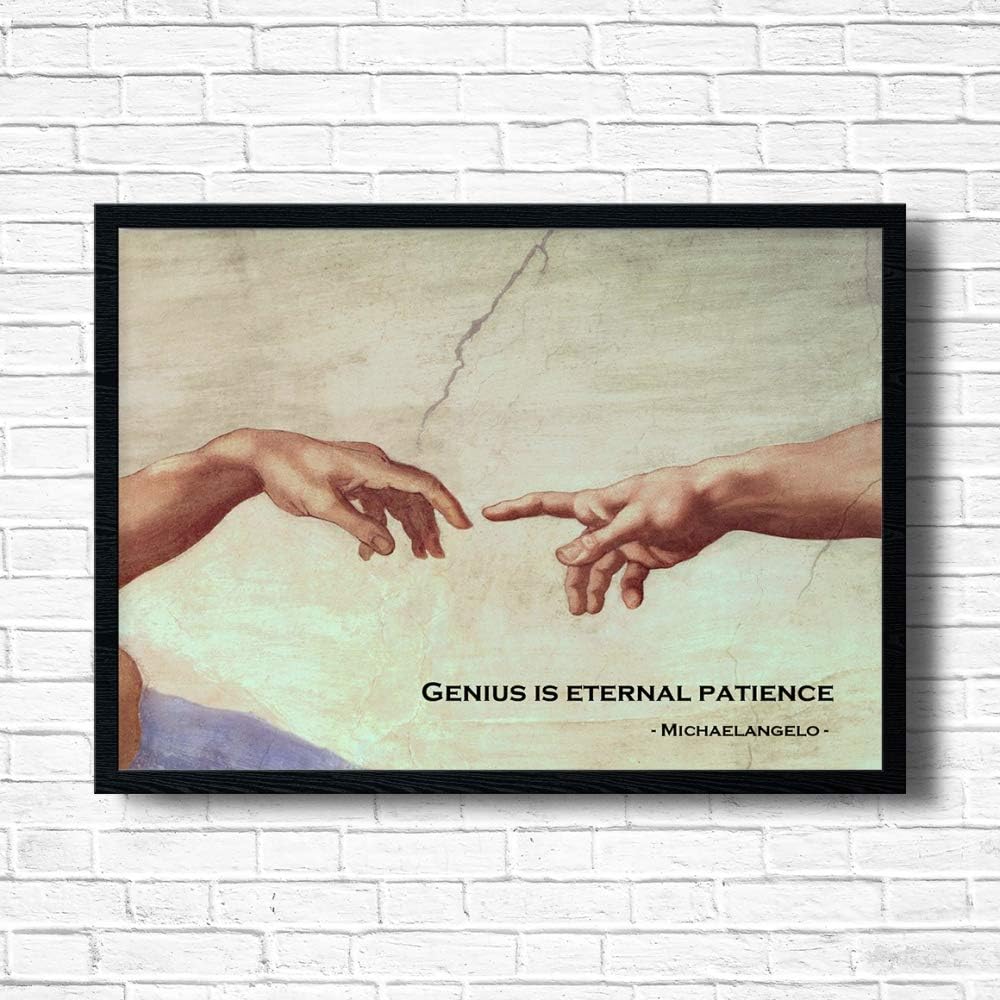 Michelangelo Hands Quote Framed Art Print (The Creation of Adam) - Genius Quote Series - A3/A4 Size Size Black/White/Oak Colour Options (Black, A4)