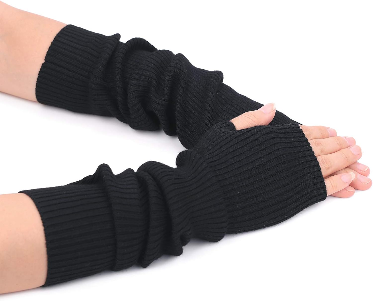 Flammi Women's Knit Arm Warmer Gloves Warm Cashmere Long Fingerless Mittens with Thumb Hole (Black) at  Women’s Clothing store