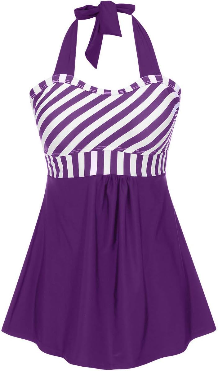FeelinGirl Swim Dress Women's Retro Halterneck Swimming Costume Plus Size One Piece/Two Pieces Swimwear with Boyshort Bottom (Purple, UK 8-10 M)