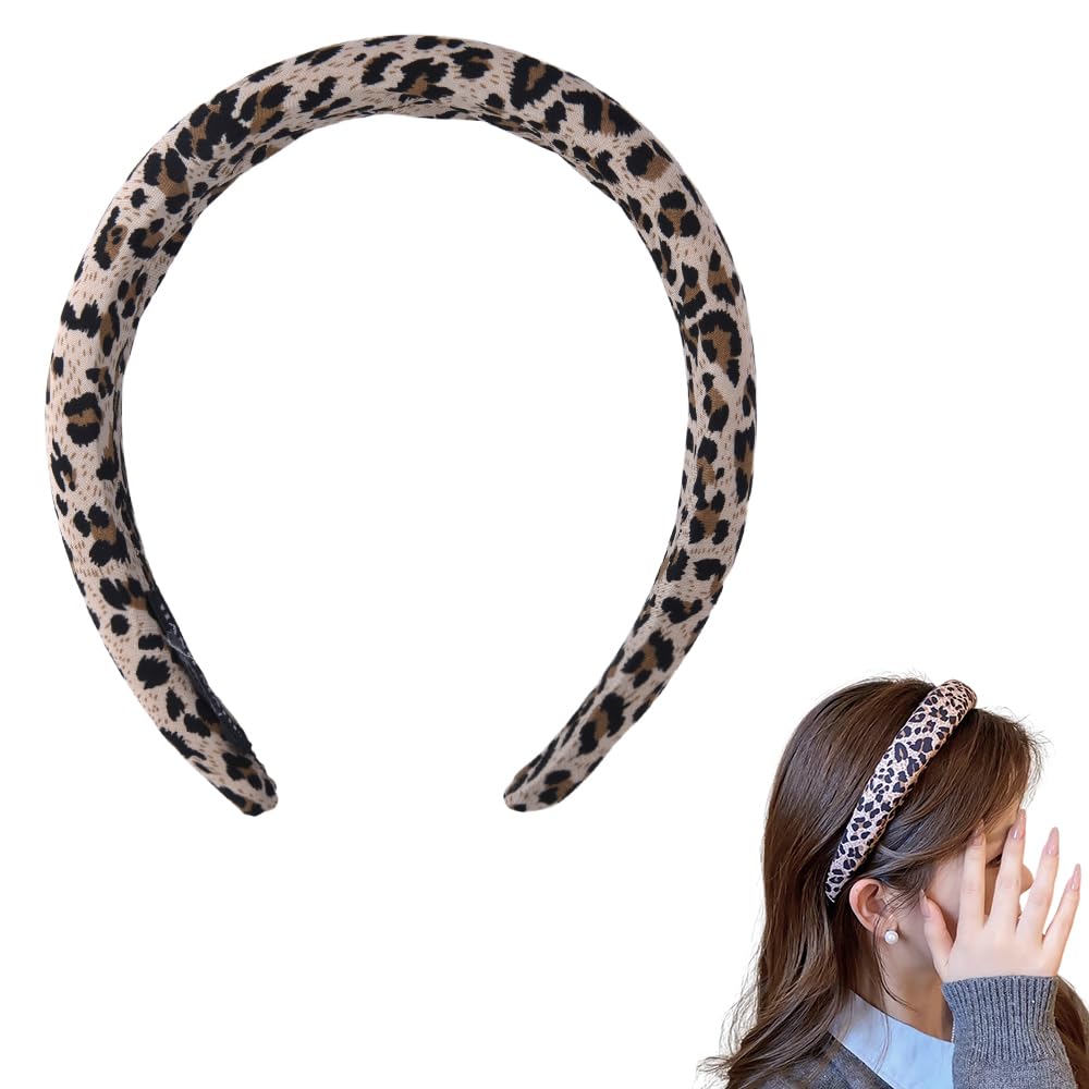 Guqqeuc Leopard Print Padded Headband for Women & Girls - 1 Count (Pack of 1), Elastic, 1.18 Inches Wide, Secures Hair, Facial, Hair Styling, Headwarmer