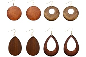 4 Pairs Ethnic Big Geometric Round Circle Teardrop Wood Dangle Earrings Wooden Drop Sets for Women Girls