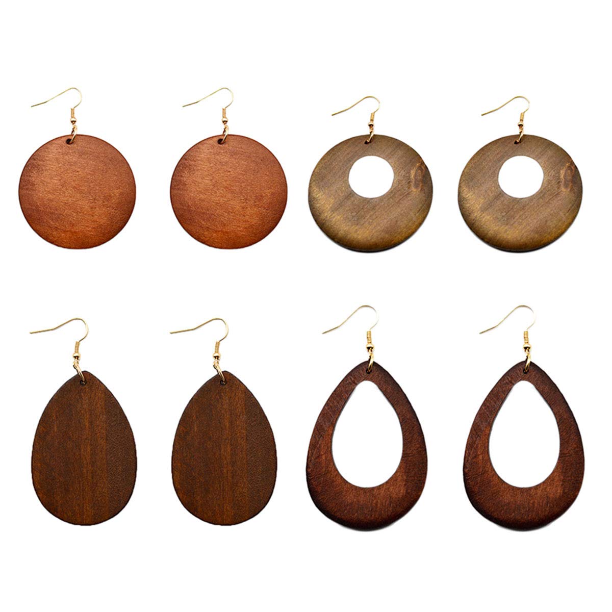 4 Pairs Ethnic Big Geometric Round Circle Teardrop Wood Dangle Earrings Wooden Drop Sets for Women