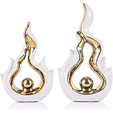 Ceramic Flame Decorative Statue Set of 2, White and Gold Home Decor, Abstract Art Sculpture for Office Living Room Coffee Table TV Cabinet Bookshelf Divider Decorations and Ornaments.