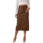 HERBATOMIA Women’s Midi Corduroy Skirt Pencil Elastic High Waisted Back Slit Winter Long Skirts for Women with Pocket