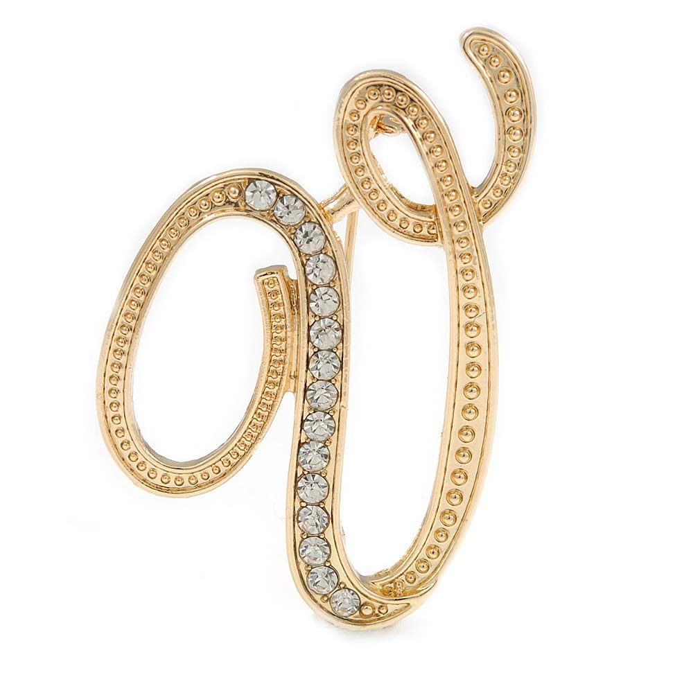 'V' Gold Plated Clear Crystal Letter V Alphabet Initial Brooch Personalised Jewellery Gift - 45mm Tall