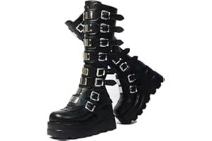 HINDOLA Womens Platform Punk Goth Mid Calf Boots Chunky High Heel Round-Toe Non Slip Back-Zip Knee High Motorcycle Booties Combat Boots For Women