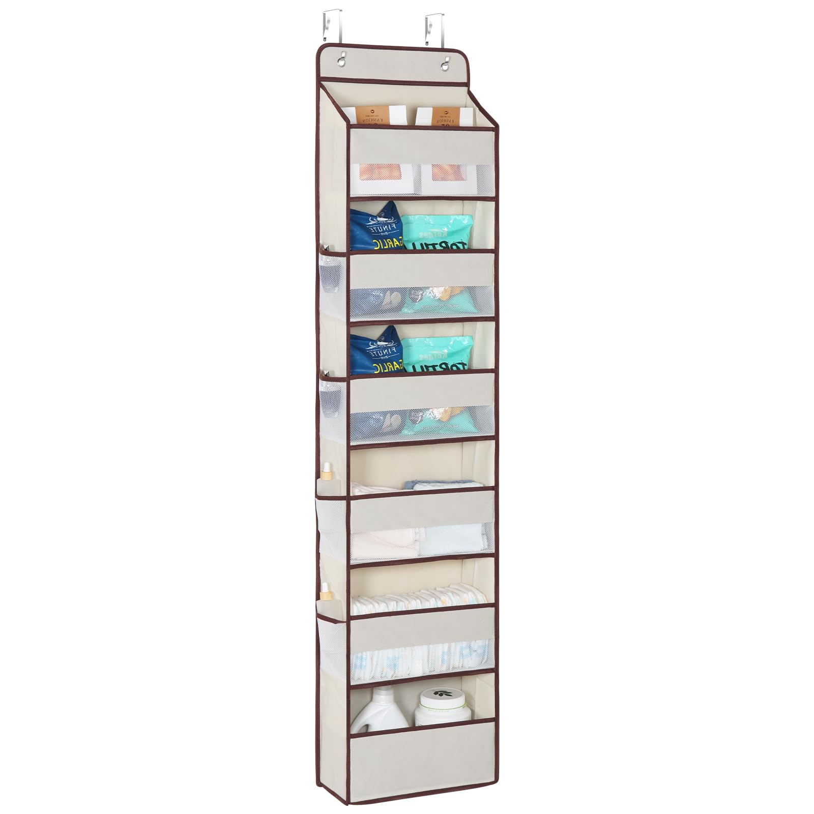 Univivi Over The Door Storage Organiser, 6-Shelf Hanging Pockets With Perspective Grids and 8 Side Mesh Pockets, Behind Storage for Bedroom Living Room, Beige