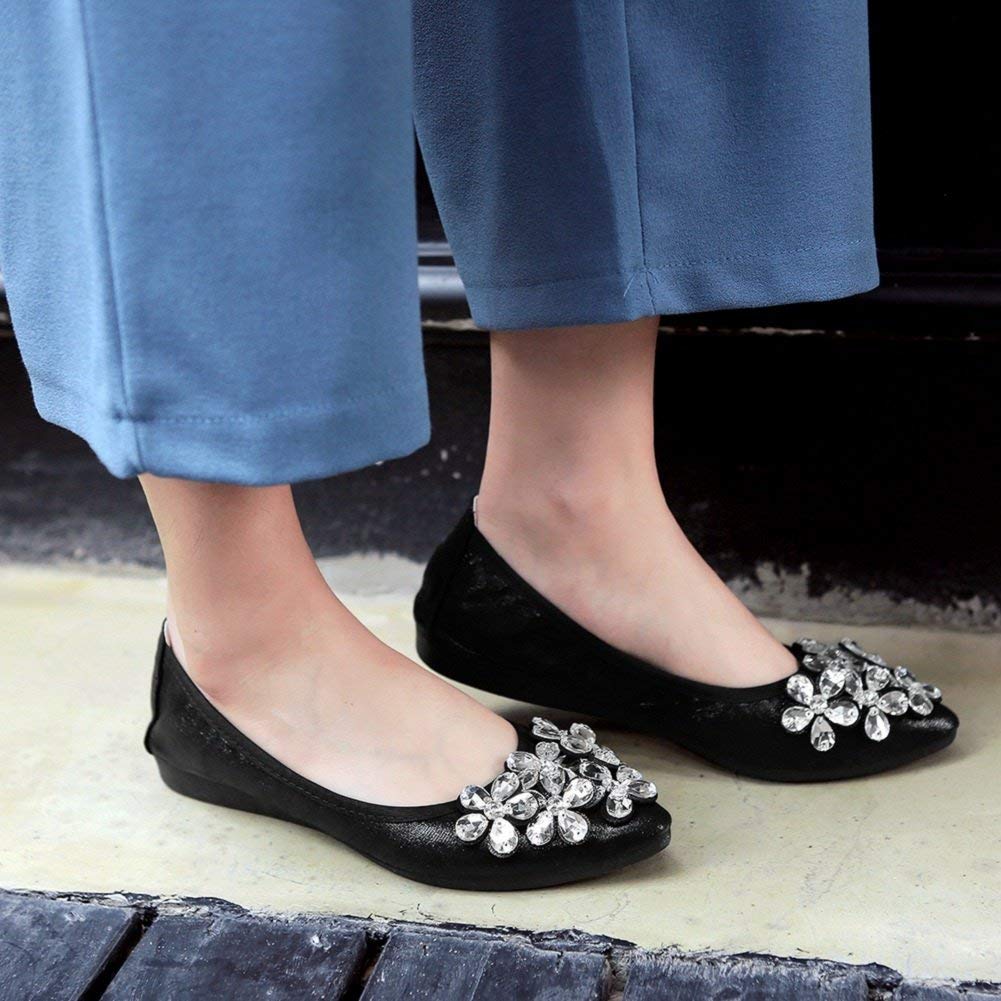 CANPPNY Women Wedding Flats Rhinestone Wedding Ballerina Shoes Foldable Sparkly Bridal Slip on Black Flat Shoes, 9 - Image 4