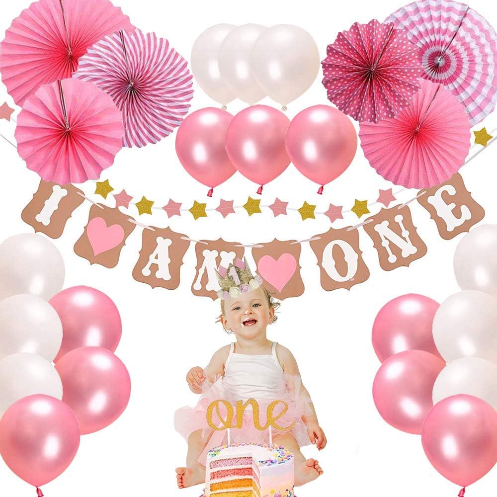 1st birthday Girl Decorations&Pink Theme Kit Set-Baby Girl 1st Birthday Hat-"One"+"Stars"Banner"+Pink and white balloons,Fiesta Pink Hanging Paper Fan Flower