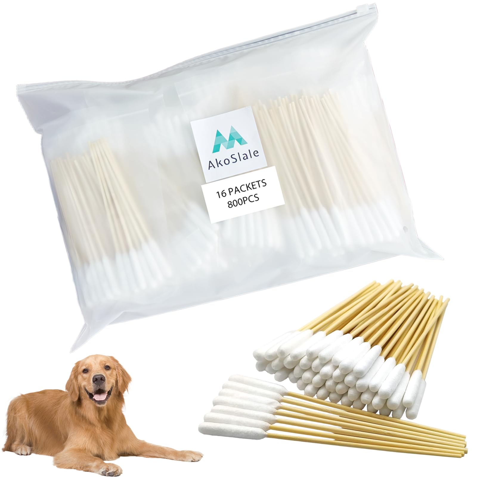 AkoSlale Dog Ear Swabs Bulk Pack, 800 Count – 6 Inch Bamboo Cotton Buds Refill for Professional Grooming & Multi-Pet Homes – Large Absorbent Tips for Deep Cleaning (16 Resealable Packs)