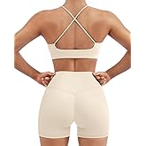 SUUKSESS Womens Workout Set Crew Neck Strappy Sports Bra Tank High Waist Tummy Control Bike Short Outfit