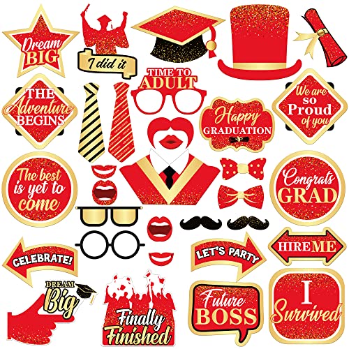 KatchOn, Red Graduation Photo Booth Props 2024 - Pack of 33 | Red Graduation Props for Red and Gold Graduation Party Decorations 2024 | Graduation Photo Props for Graduation Decorations Class of 2024