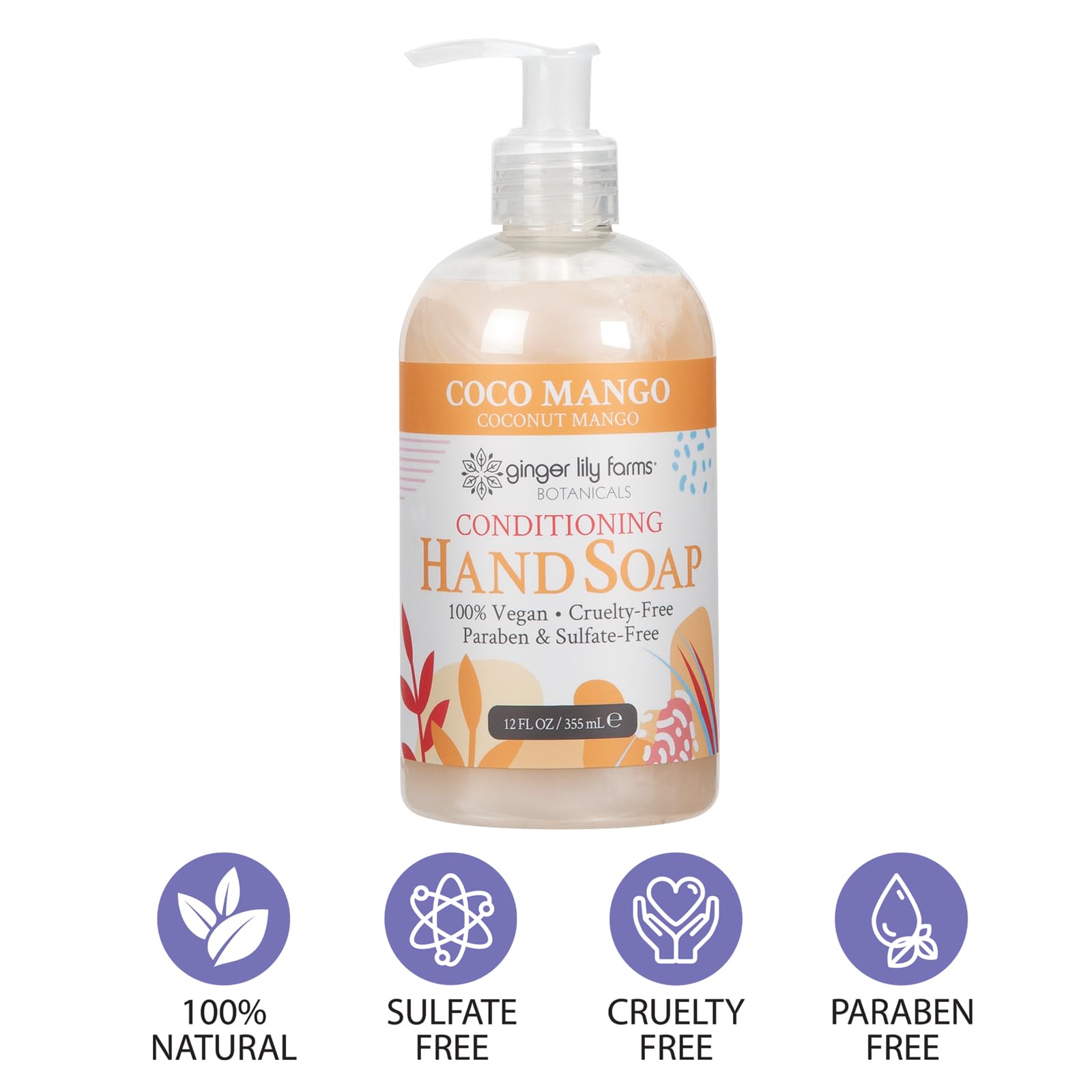 Ginger Lily Farms Botanicals Conditioning Liquid Hand Soap, Coco Mango, 100% Vegan & Cruelty-Free, Coconut Mango Scent, 12 Fl Oz