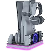 RGB Stand with Cooling & Charging Station for PS5 Consoles – Compatible with Slim & Pro Versions, Supports DualSense, Edge, PS Portal – Gray Vertical Organizer with LED Lights