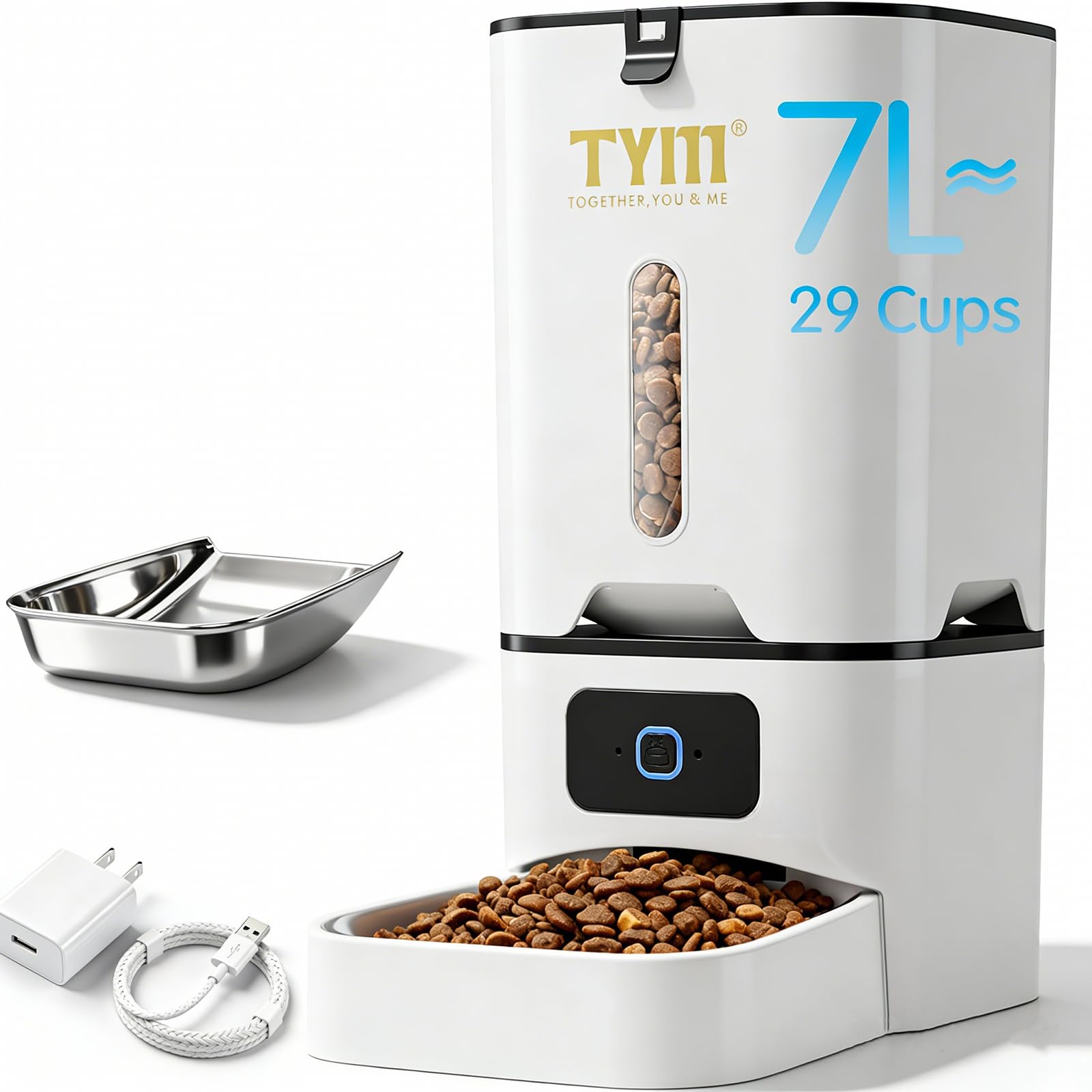 TYM Automatic Cat Feeder 7L Time Cat Feeder for Dry Food APP Control Pet Food Dispenser Programmable Portion Size Auto Feeder for Cats and Dogs with Stainless Bowl Large Capacity(WiFi is Not Required)