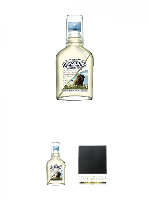 Grasovka Vodka aus Polen 100 ml Miniatur + Grasovka Vodka aus Polen 100 ml Miniatur + Schiefer Glasuntersetzer eckig ca. 9,5 