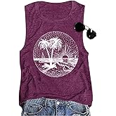 Summer Beach Tank Tops for Women Funny Cute Sunshine Coconut Tree Graphic Tee Shirt Hawaiian Family Vacation Tops