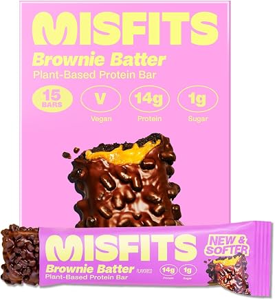 Misfits Brownie Batter Vegan Protein Bars Pack of 15, 14g Protein, Low Sugar