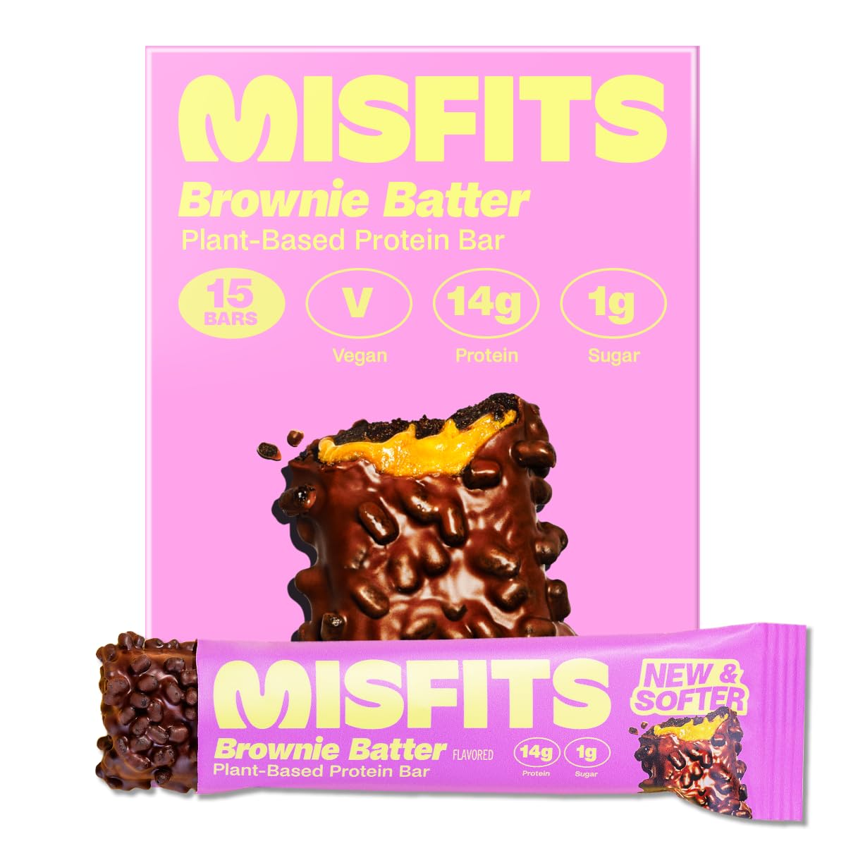 Misfits Vegan Protein Bars - Brownie Batter | Sports Nutrition Bars - 14 grams Protein | 1 gram Sugar | Plant-Based, Low Carb, High Fibre | No Palm Oil | Non-GMO | Pack of 15
