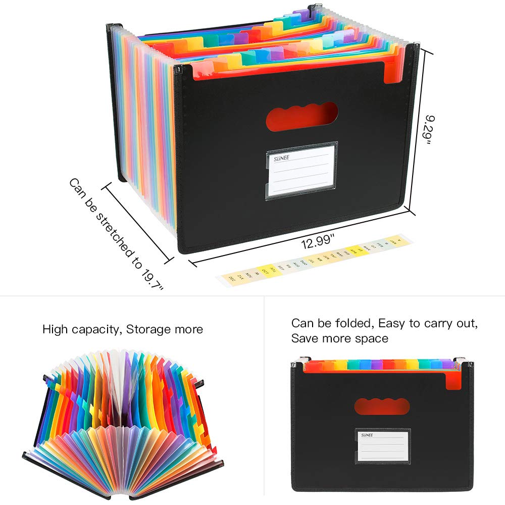 24 Pockets Expanding Files Folder, SUNEE Multi-Color Accordion A4 Document Organizer, High Capacity Plastic Expandable File Wallet Stand with Label Pocket for Business/Office/Study/Home