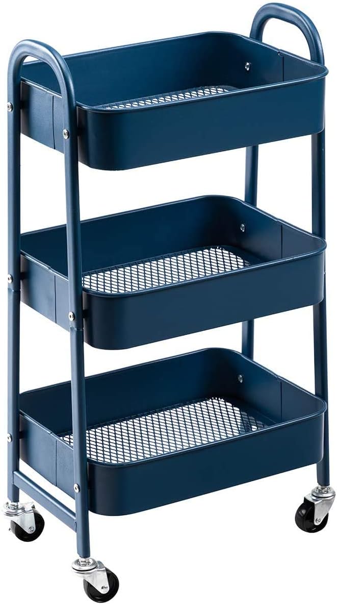 DOEWORKS 3-Tier Storage Trolley on Wheels Navy Blue 70cm 15kg per tier