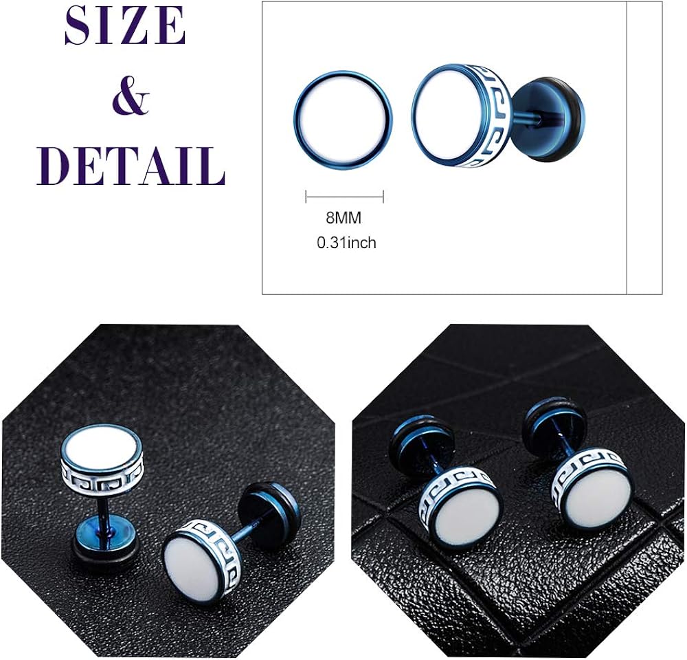 Feilok Cool 8mm Mens Stainless Steel Stud Earrings Women Piercing Ear Plug Tunnel blue, 8 mm - Image 3