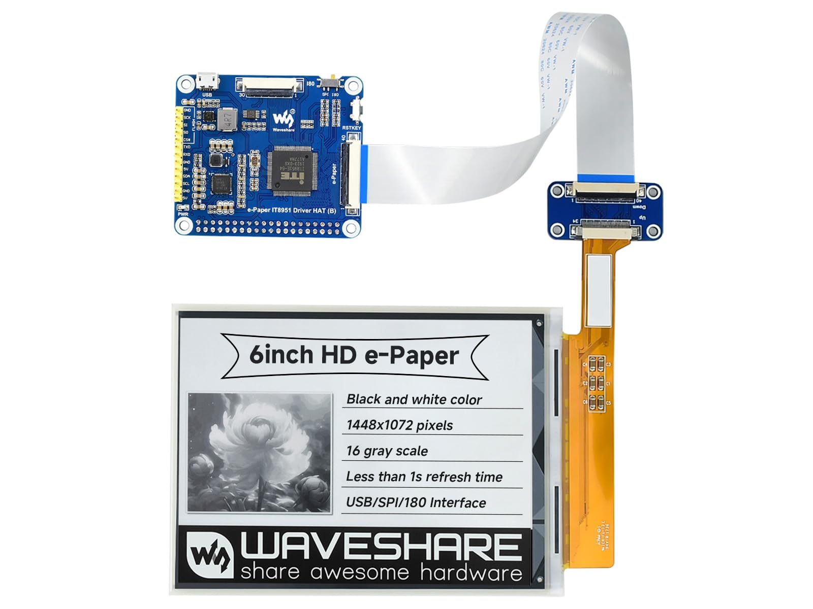 Waveshare 6inch E-paper, 1448×1072 High Definition, Display Module, Supports Black/White 2 Colors,Compatible with Raspberry Pi
