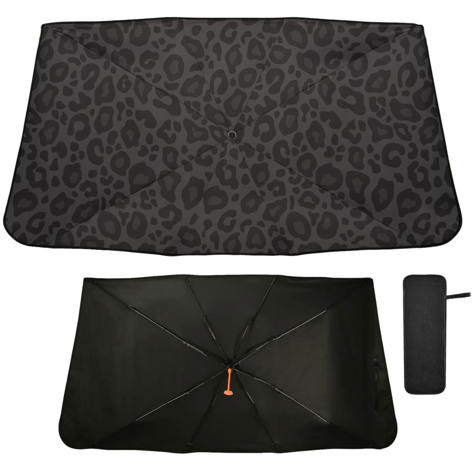 Photo 1 of ***PARTIAL SET/MISSING LEOPARD SUNSHADE*** Oarencol Black Leopard Windshield Sun Shade Umbrella Animal Skin Print Foldable Car Front Window Sunshade Blocks UV Rays Heat Keep Vehicle Cool (55" x 27.5")