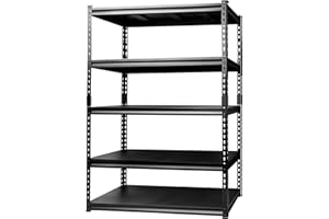Qerfty Garage Light Duty Shelving, Garage Storage Shelving Adjustable 5-Tier Shelving Unit and Storage Metal Shelves for Storage Racking Shelves (Black, 59in)