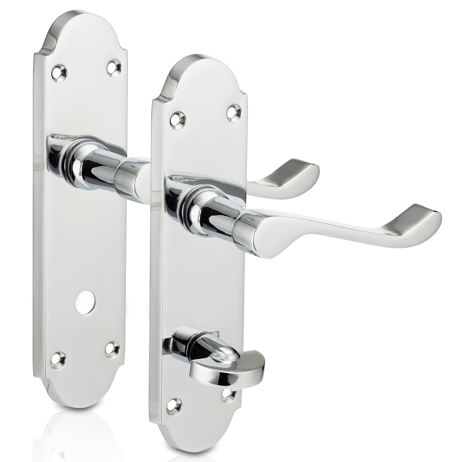 XFORT® Richmond Scroll Bathroom Polished Chrome Door Handles, Elegant Door Handle Set, Epsom Shaped Handle on Long Back Plate, Ideal for Internal Wooden Bathroom, Restroom and Toilet Doors [1 Pair]