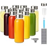 Zukro Glass Water Bottles with Lids 10.5 oz, 12 Pack Clear Reusable Glass Small Juice Bottles With Stainless Steel Cap for Juicing, Milk, Ginger Shot, BPA-Free Leak Proof 300ml Drinking Container Jar