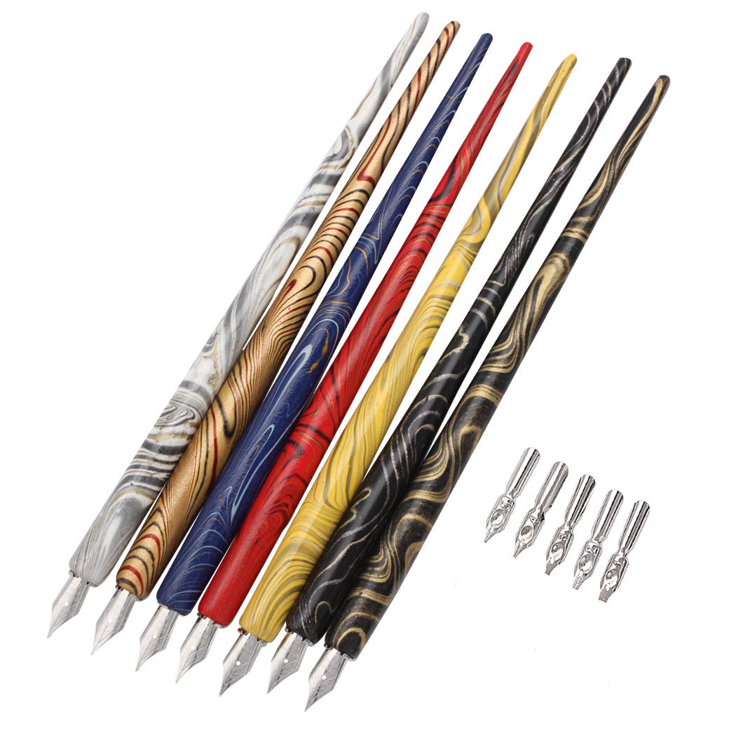 SIPLIV Professional Manga Gothic Pen Dip Pen Calligraphy Drawing Pen Kit, 7 Pen Holders Handles, 12 Nibs (7 Fountain Pen Nib, 5 Flat Nib) - 7 Pcs C