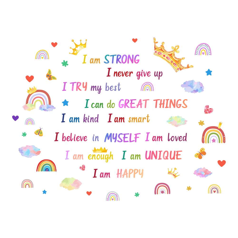 SUPERDANT Positive Affirmations Crown Wall Stickers - Colorful Inspirational Quotes for Girl's Room, Nursery - Back to School Decals