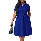 FANDEE Plus Size Dresses, Women Summer Casual V Neck Short Sleeve A-Line Cocktail Shirt Midi Dress with Belt and Pockets
