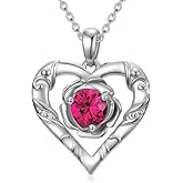 BETHZA Ruby Love Heart Pendant Necklace for Women - 18"+2" Sterling Silver Chain - White Gold Plated Charm Rose Necklace Gift for Wife Mom Christmas Anniversary