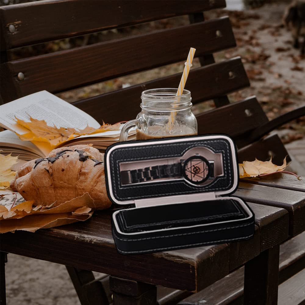 watch travel case,travel watch cases for men, PU leather zipper storage case watch organizer, 2 place notch portable travel watch zipper case, suitable for living room bedroom and travel